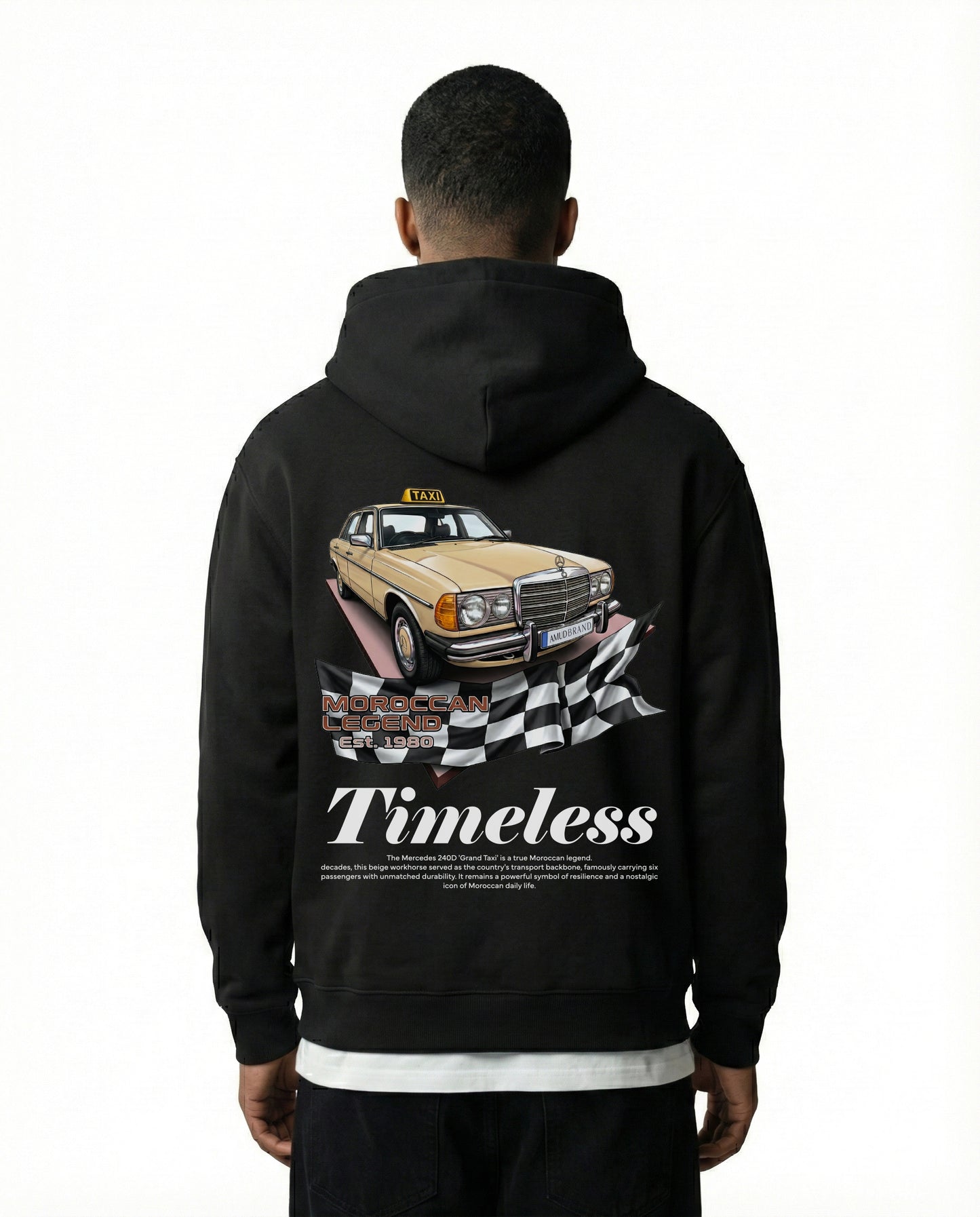 Hoodie Noir Grand Taxi Maroc - Art Mercedes 240D Vintage