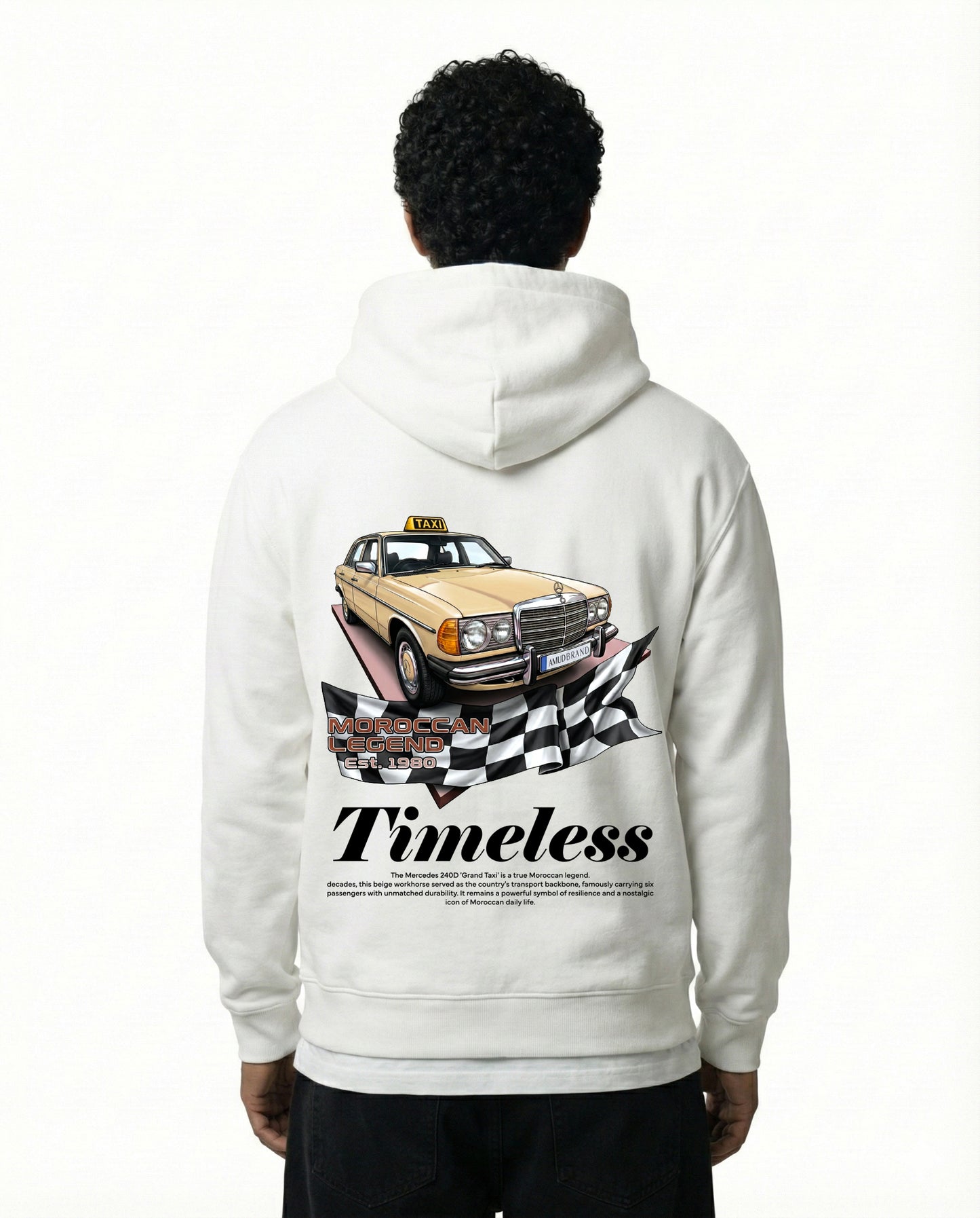 Hoodie Blanc Grand Taxi Maroc - Art Mercedes 240D Vintage